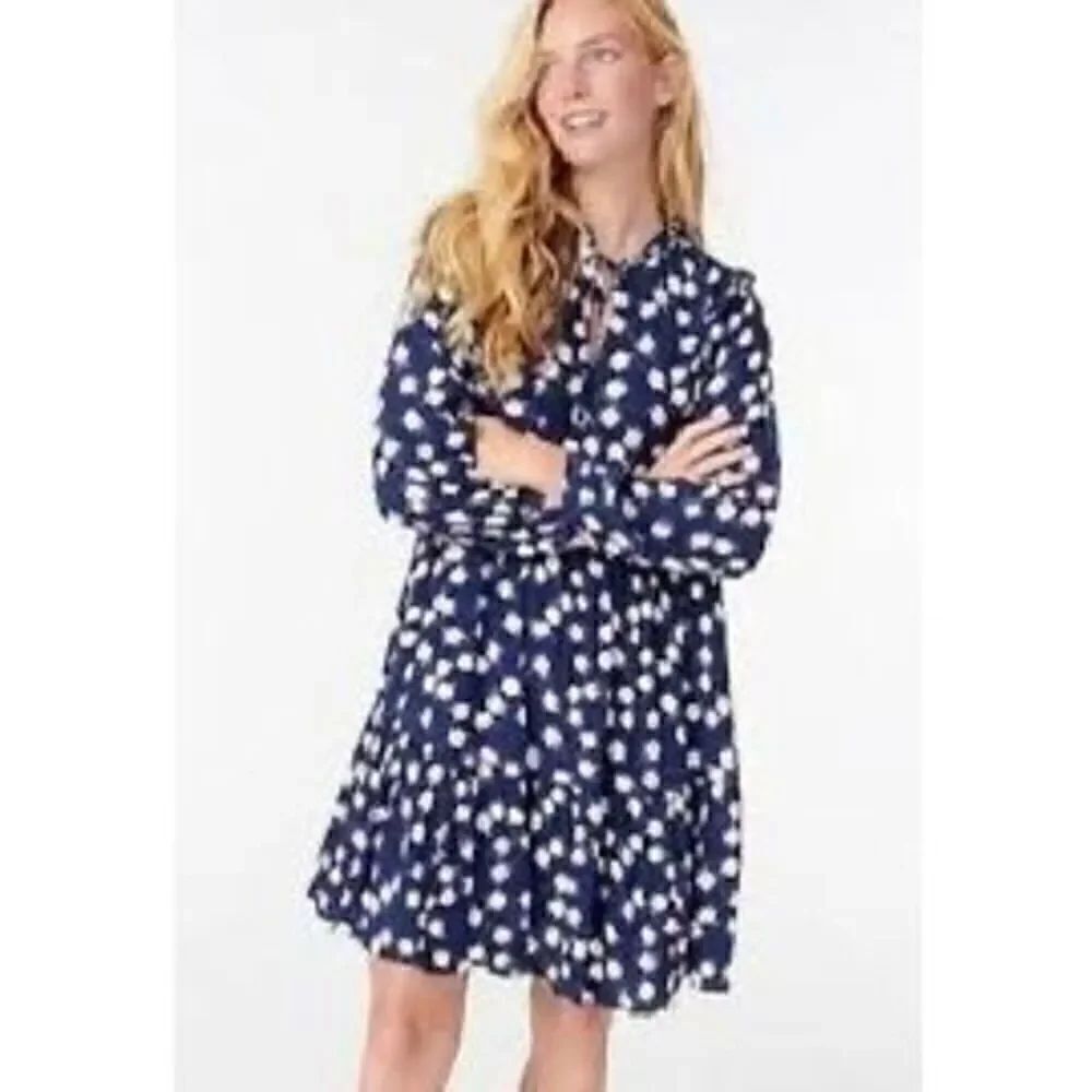 J Crew Women’s Size Small Tiered Tie Neck Dress Navy Blue Floral Long Sleeve